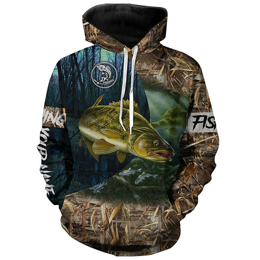 Walleye Fishing Custom Name 3D All Over Printed Camo Shirts For Adult And Kid Personalized Fishing Gift NQS293 Hoodie