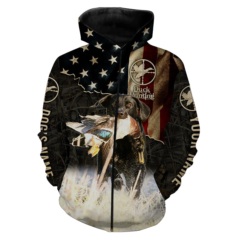 Duck Hunting With Black Labrador Retriever Dog American Flag Waterfowl Camo Custom 3D Hunting Shirts Nqs4168 Zip Up Hoodie Zip Up Hoodie