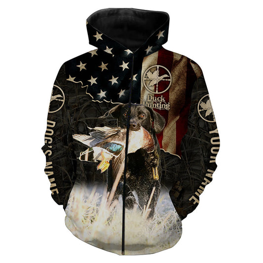 Duck Hunting With Black Labrador Retriever Dog American Flag Waterfowl Camo Custom 3D Hunting Shirts Nqs4168 Zip Up Hoodie Zip Up Hoodie