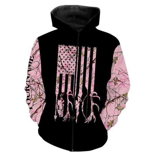 American flag Country girl pink camo Deer hunting Custom Name 3D All Over Printed Shirt, camo leggings NQSD183