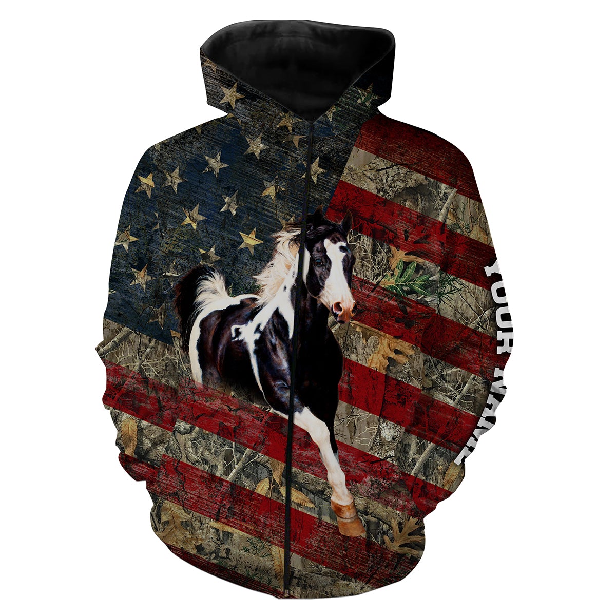 Black And White Paint Horse American Flag Patriotic Camo Customize Name 3D All Over Printed Shirts Zip Up Hoodie Zip Up Hoodie