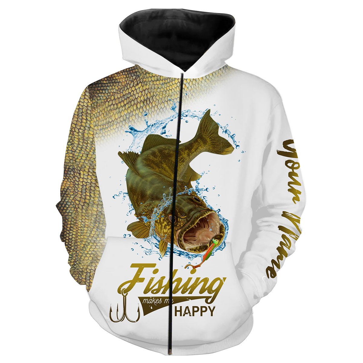 Walleye Scale Fishing Makes Me Happy Customize Name 3D All Over Printed Fishing Shirts Nqs366 Zip Up Hoodie Zip Up Hoodie