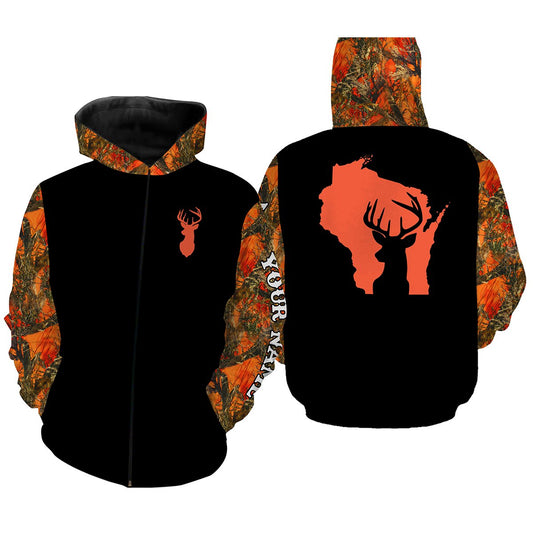 Wisconsin deer hunting orange Camo Customize Name 3D All Over Printed Shirts Personalized Hunting gift For Adult And Kid NQS2677 Zip up hoodie