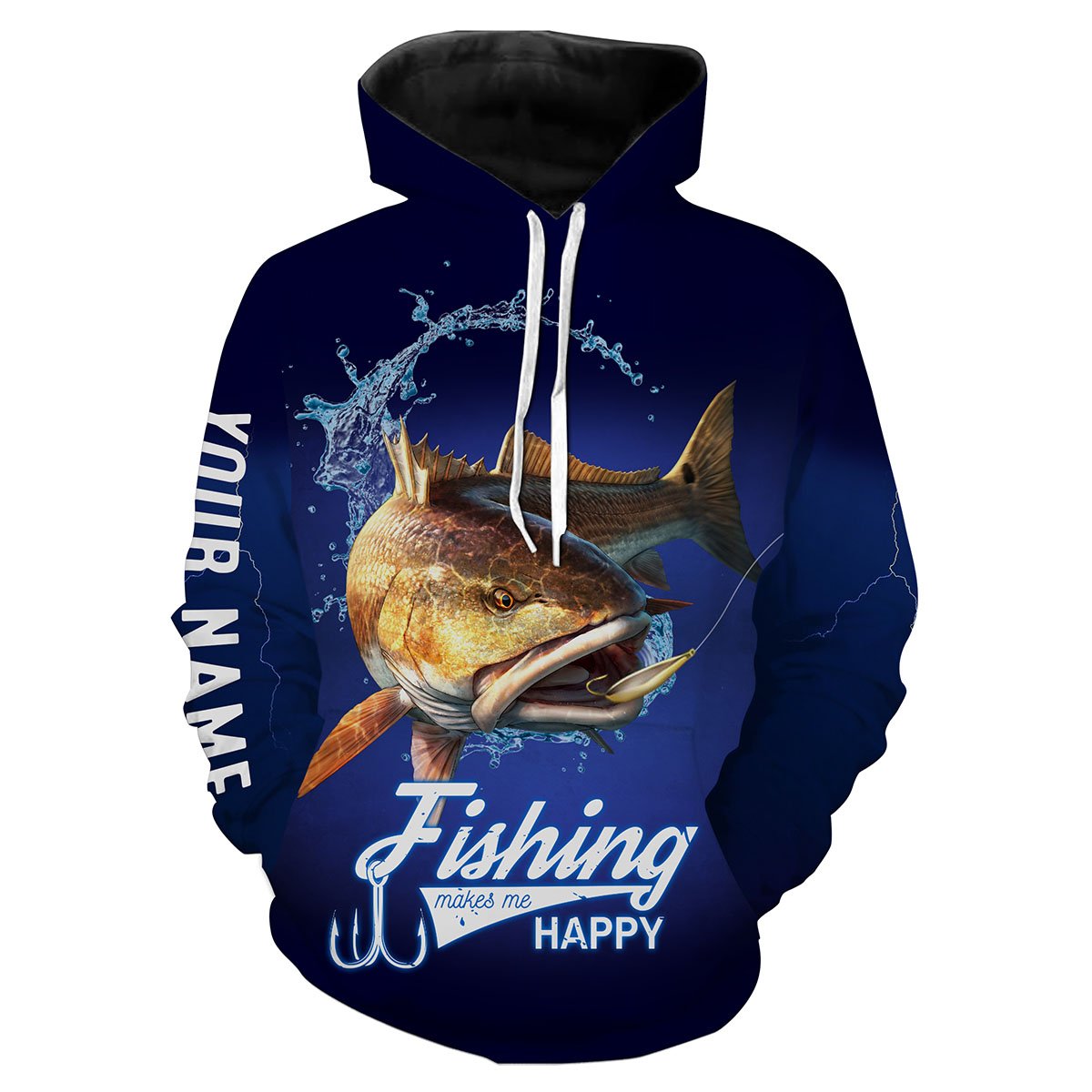 Fishing Makes Me Happy Redfish Puppy Drum Fishing 3D All Over printed Customized Name Shirts For Adult And Kid NQS301 Hoodie