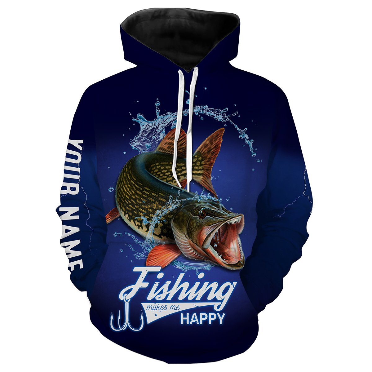 Fishing Makes Me Happy Northern Pike Fishing 3D All Over printed Customized Name Shirts For Adult And Kid NQS318 Hoodie