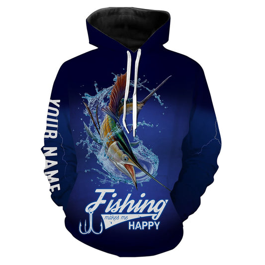 Fishing Makes Me Happy Sailfish Fishing 3D All Over printed Customized Name Shirts For Adult And Kid NQS321