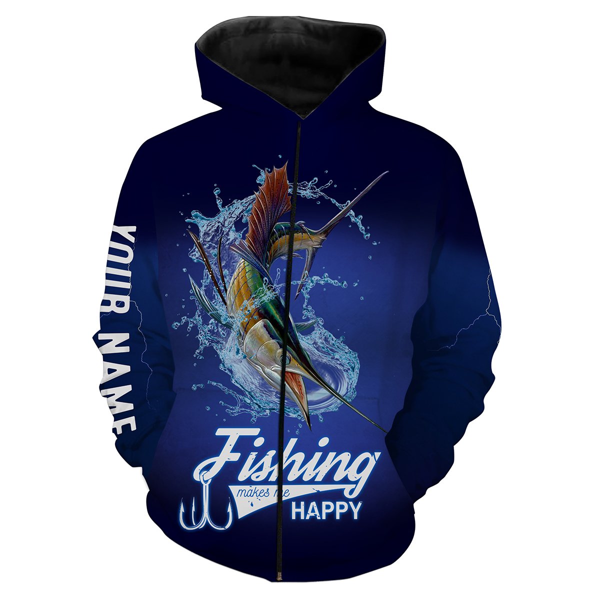 Fishing Makes Me Happy Sailfish Fishing 3D All Over printed Customized Name Shirts For Adult And Kid NQS321