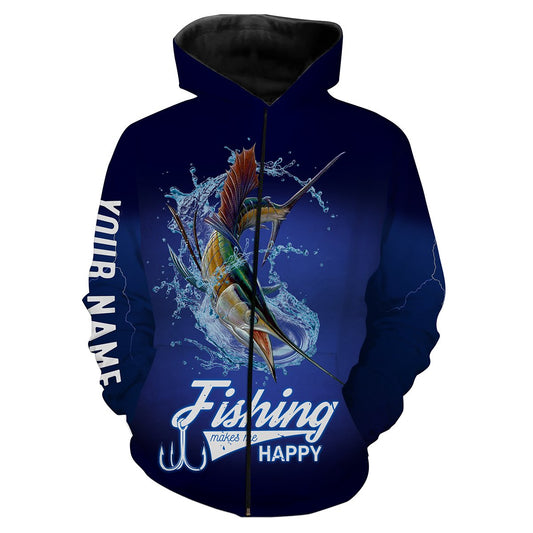 Fishing Makes Me Happy Sailfish Fishing 3D All Over printed Customized Name Shirts For Adult And Kid NQS321