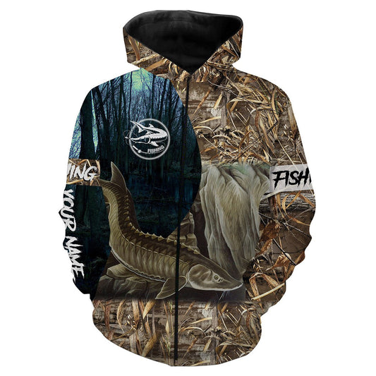 Sturgeon Fishing Customize Name 3D All Over Printed Shirts For Adult And Kid Personalized Fishing Gift NQS323 Zip up hoodie