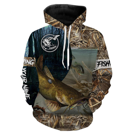 Flathead Catfish Fishing Customize Name 3D All Over Printed Shirts For Adult And Kid Personalized Fishing Gift NQS324 Hoodie