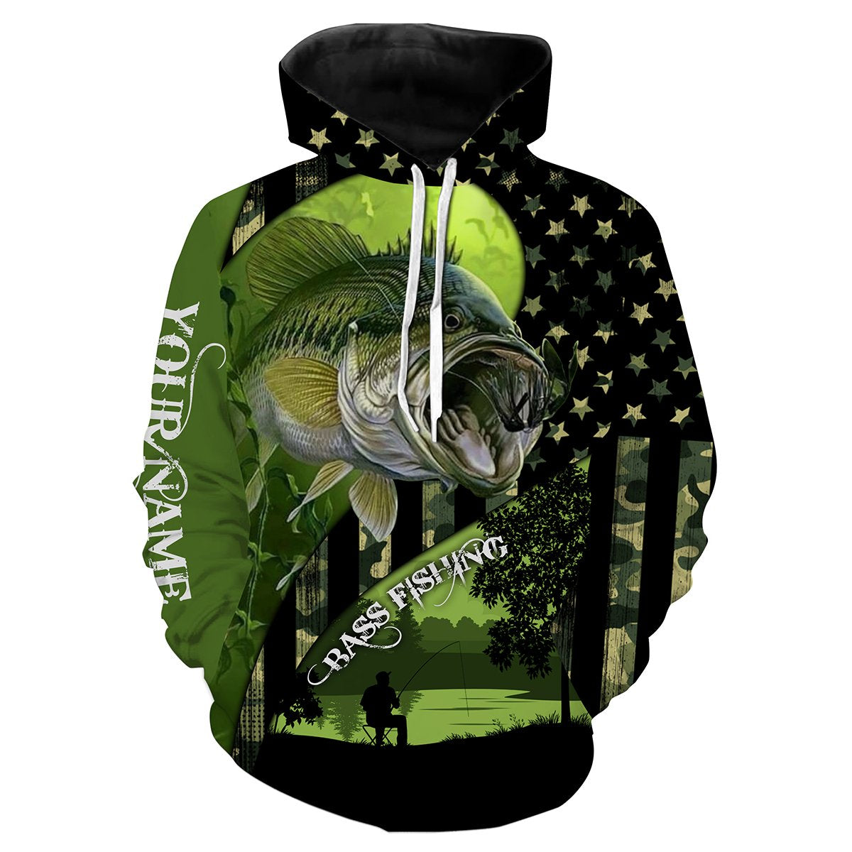 Largemouth Bass Fishing American Flag Customize Name 3D All Over printed Shirts Hoodie