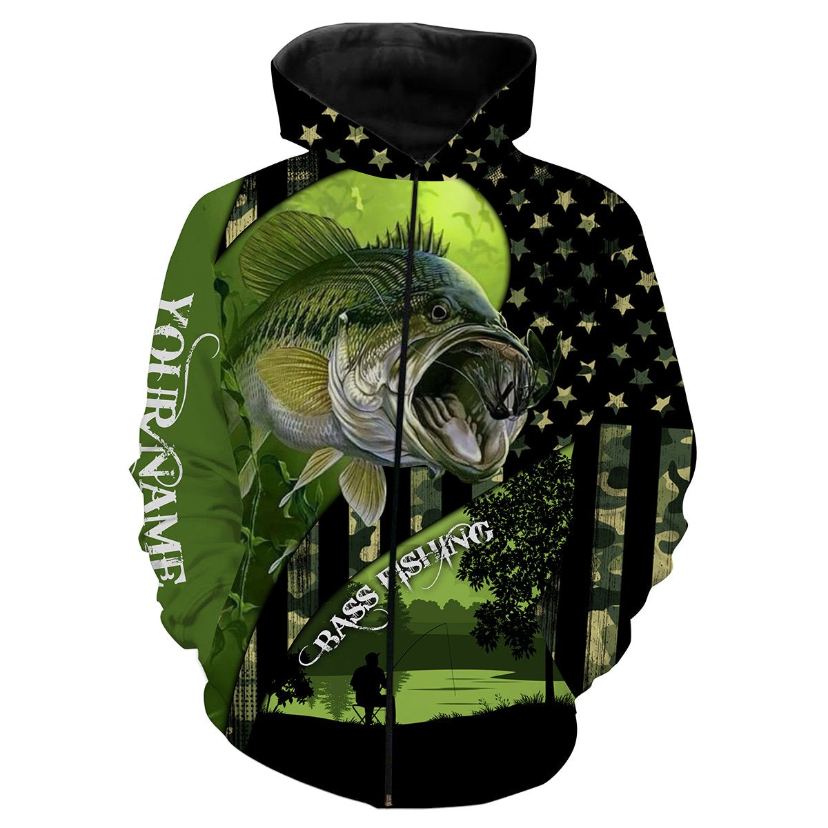 Largemouth Bass Fishing American Flag Customize Name 3D All Over printed Shirts Zip up hoodie