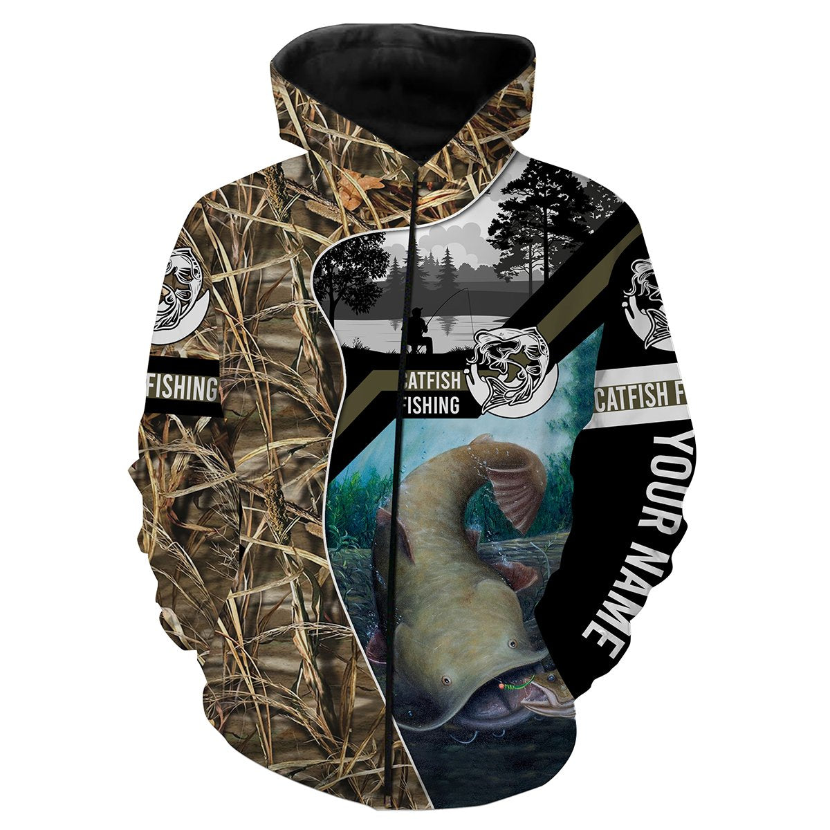 Flathead Catfish Fishing Camo Customize Name All Over Printed Shirts Personalized Fishing Gift For Adult And Kid NQS386 Zip up hoodie