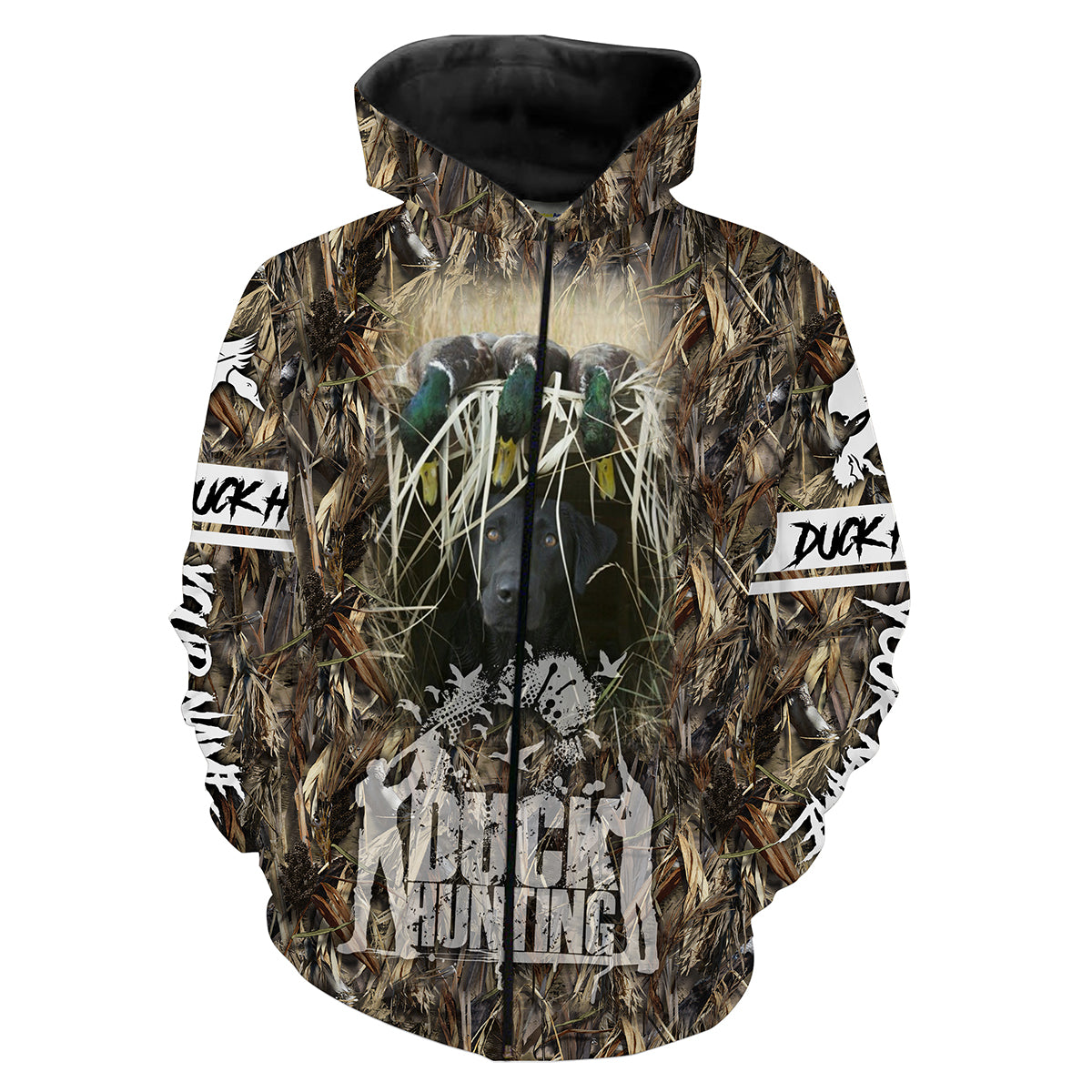 Duck Hunting With Black Lab Waterfowl Camo Custom Name 3D All Over Printed Shirts Personalized Hunting Gift For Hunter Nqs2025 Zip Up Hoodie Zip Up Hoodie