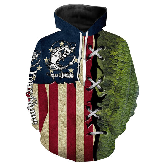 Bass Fishing American Flag patriotic Custome Name 3D All Over Printed Shirts