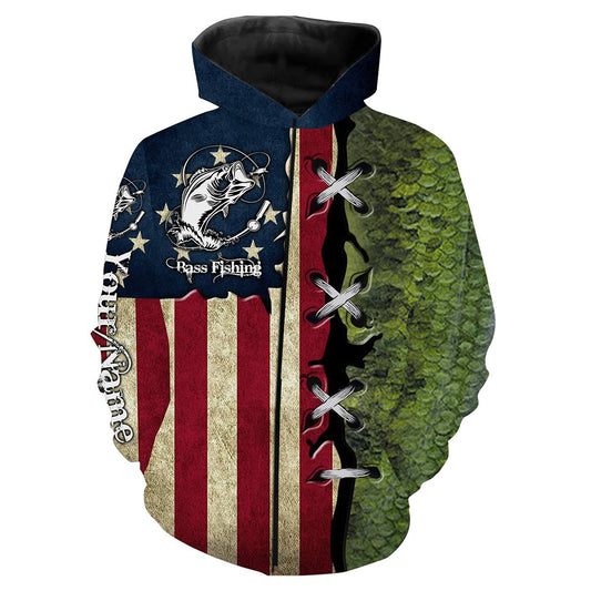 Bass Fishing American Flag patriotic Custome Name 3D All Over Printed Shirts