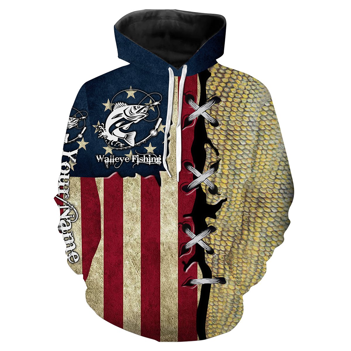 Walleye Fishing American Flag Custome Name 3D All Over Printed Shirts For Adult And Kid Personalized Fishing Gift Nqs364 Hoodie Hoodie