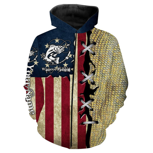 Walleye Fishing American Flag Custome Name 3D All Over Printed Shirts For Adult And Kid Personalized Fishing Gift Nqs364 Zip Up Hoodie Zip Up Hoodie