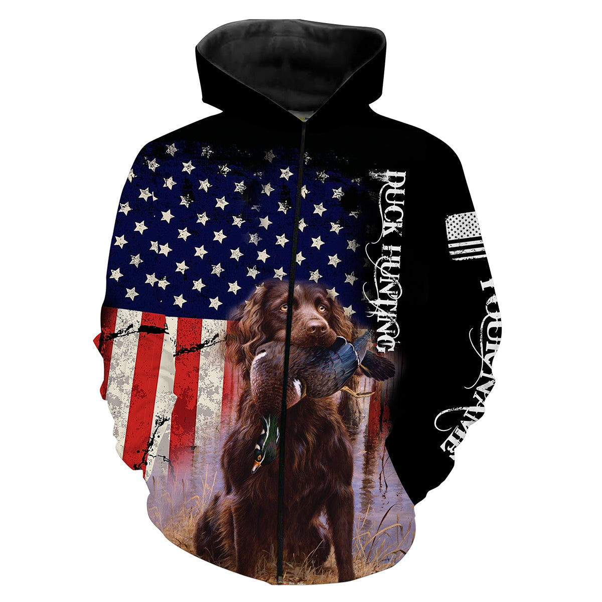 Duck hunt with Boykin Spaniel American flag patriotic Custom Name 3D All over print Shirts, Face shield,personalized hunting gifts NQS1757