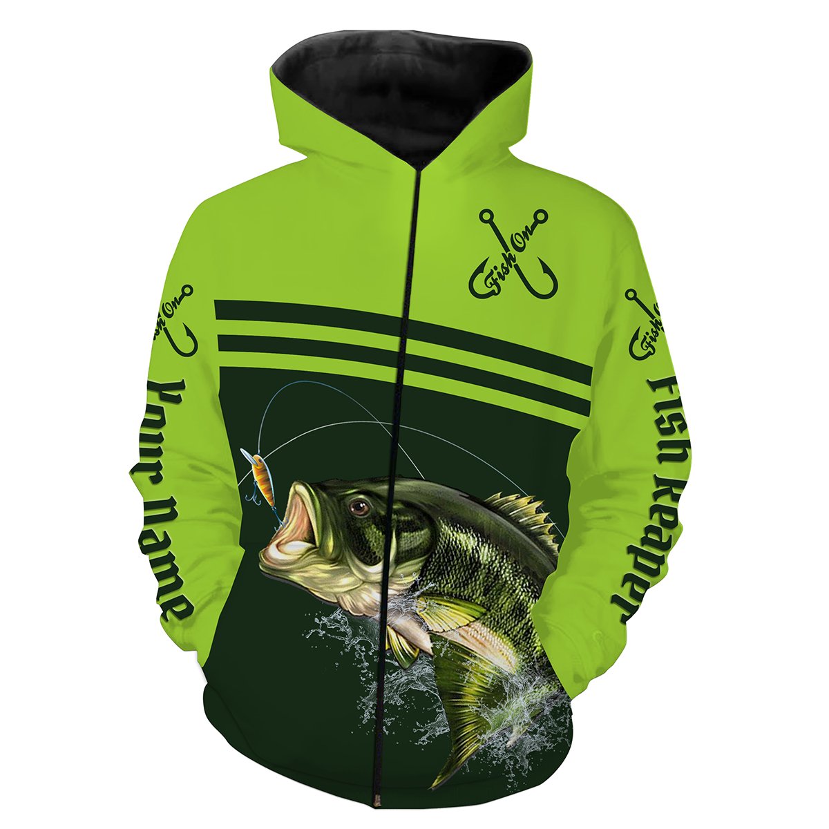 Largemouth Bass Fishing Fish Reaper Green Custom Name All Over Print Shirts Nqs545 Zip Up Hoodie Zip Up Hoodie