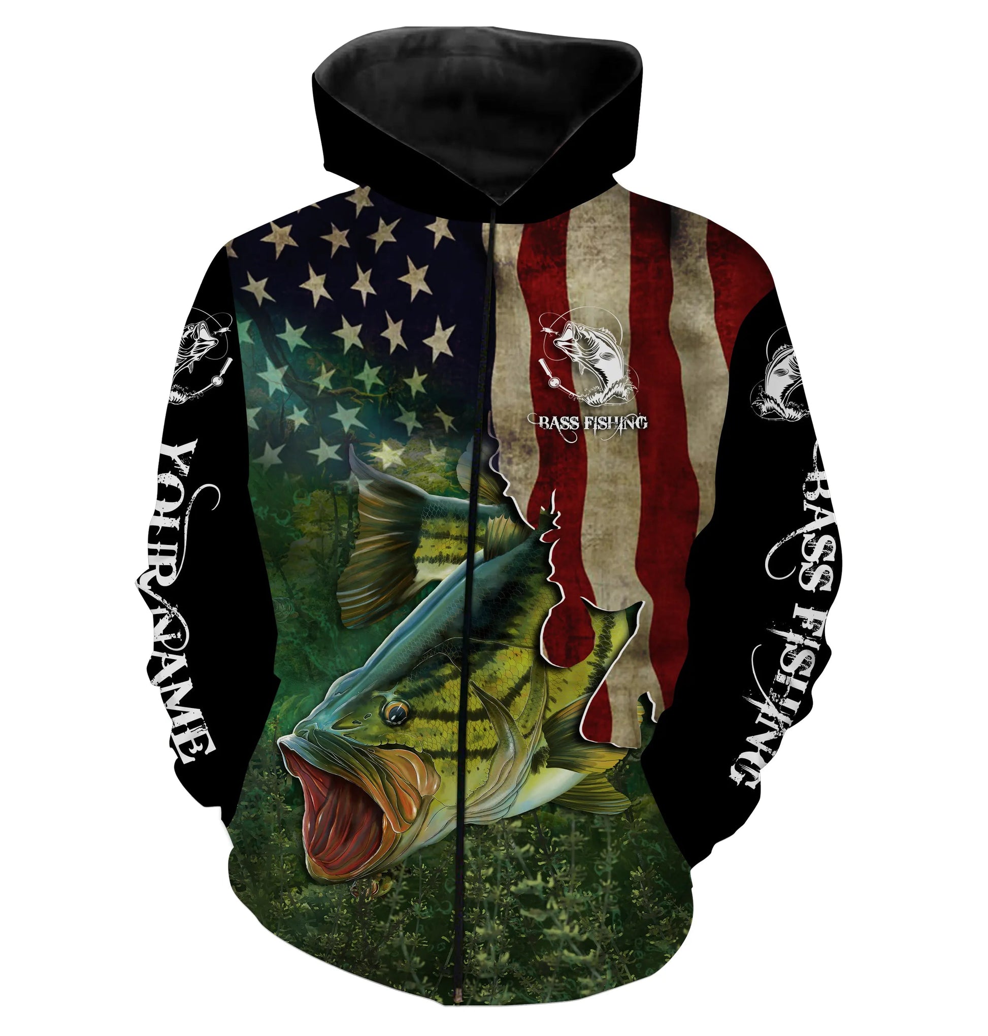 Largemouth Bass Fishing 3D American Flag Patriotic Customize name fishing shirts NQS432 Zip up hoodie