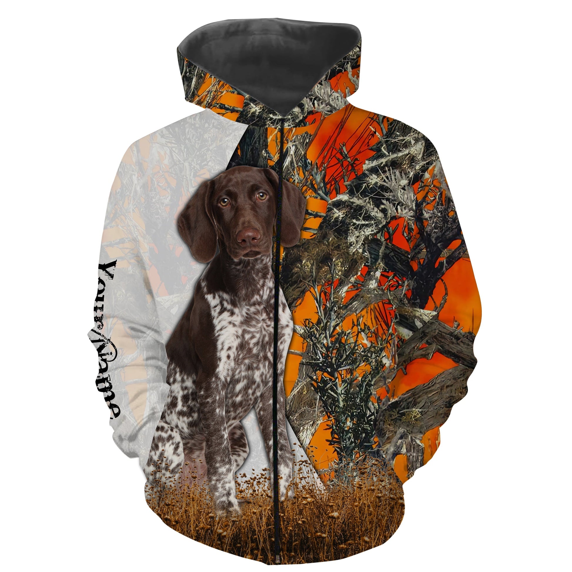 German Shorthaired Pointer dog hunting orange camo Custom Name Full Printing Shirts Zip up hoodie