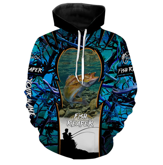 Walleye fishing Blue Camo 3D All Over print shirts personalized fishing apparel for Adult and kid NQS561 Hoodie