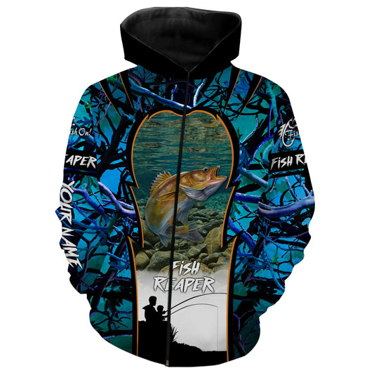 Walleye fishing Blue Camo 3D All Over print shirts personalized fishing apparel for Adult and kid NQS561 Zip up hoodie