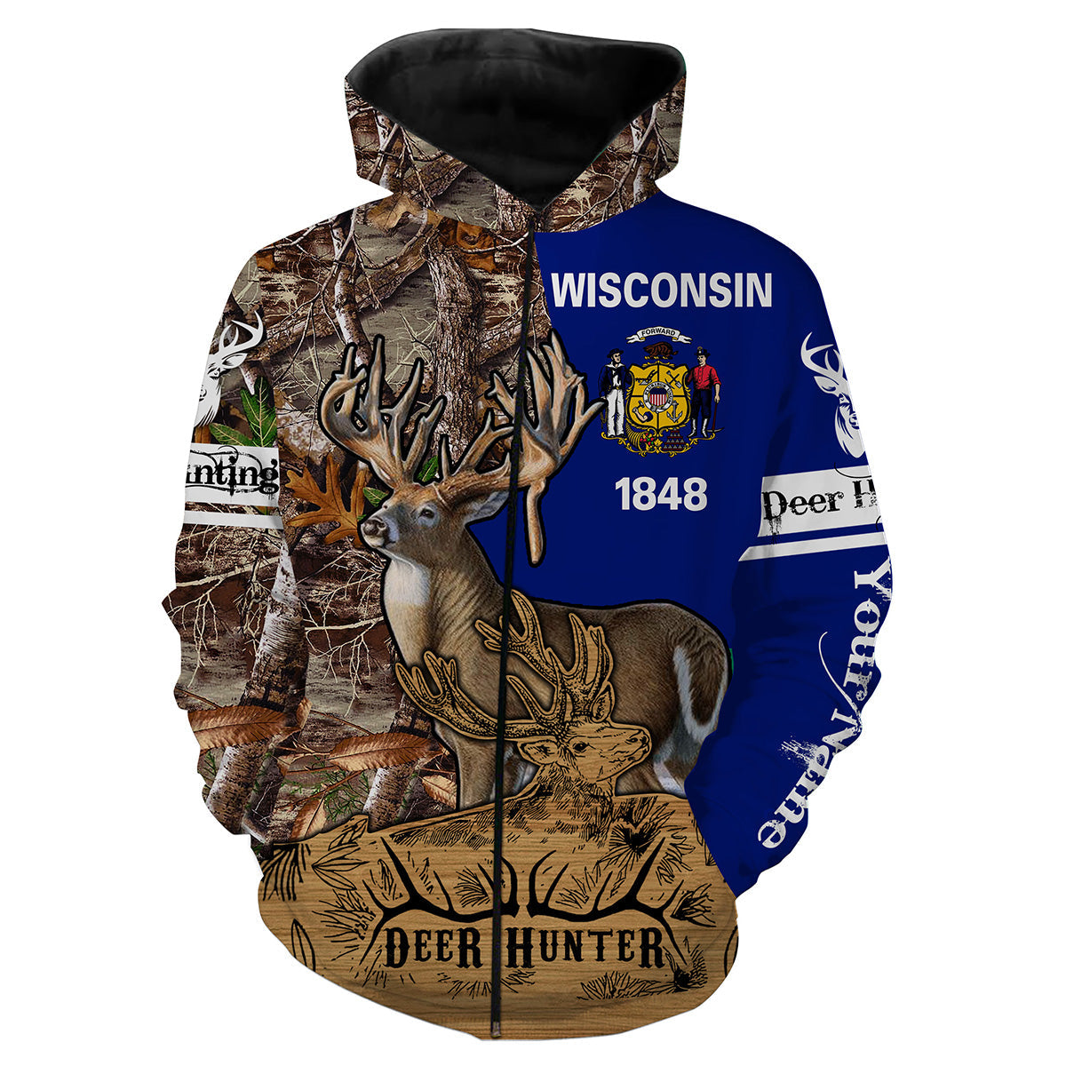 WI Wisconsin deer hunting Deer hunter game Customize Name 3D All Over Printed Shirts plus size NQS973 Zip up hoodie