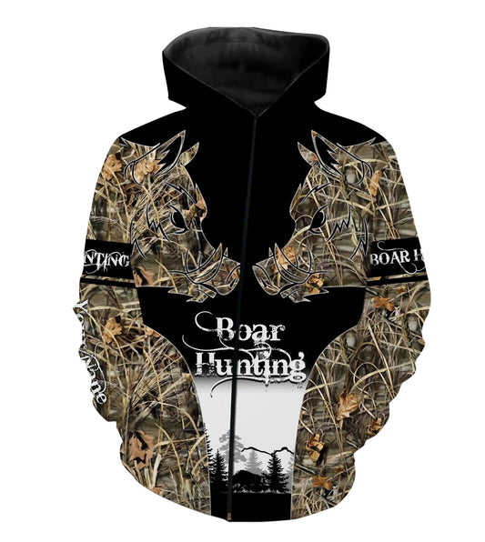 Wild Hog Hunting Camo Custom Name Full Printing Shirt, Hoodie - Personalized Hunting Gifts for boar hunters NQS2634 Zip up hoodie