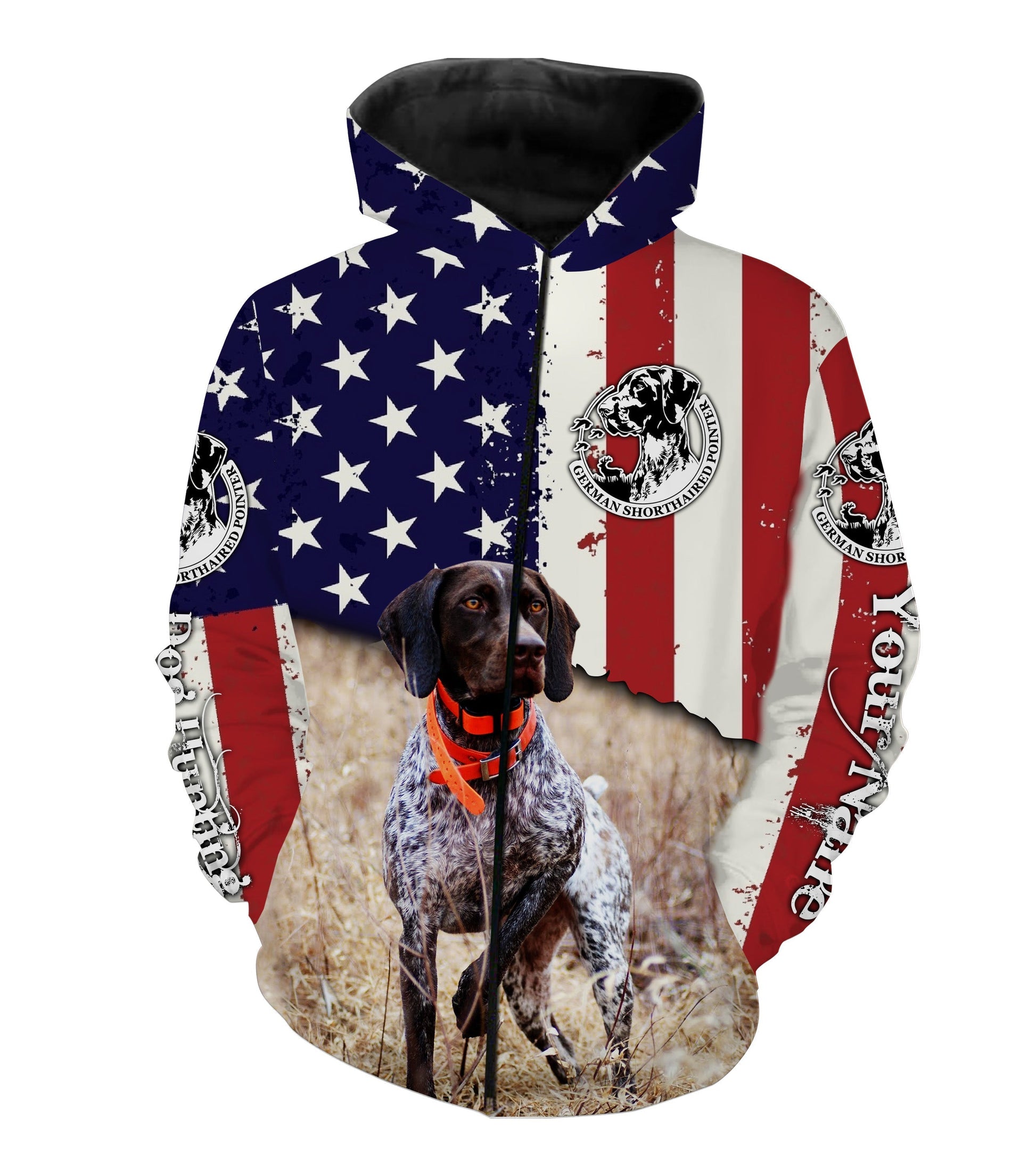 German Shorthaired Pointer Hunting Bird Dog Pheasant Hunter American flag Custom Name All Over Printed Hoodie, Long sleeve Shirt NQS2831