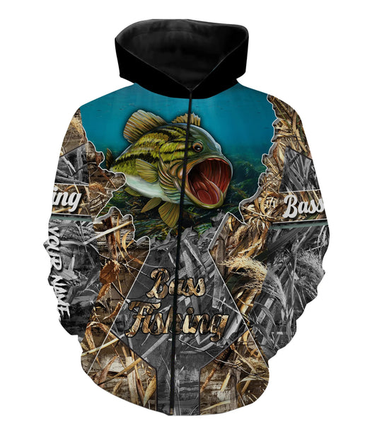 Bass Camo Customize name All over print shirts - personalized fishing gift for men and women and Kid - NQS474 Zip up hoodie