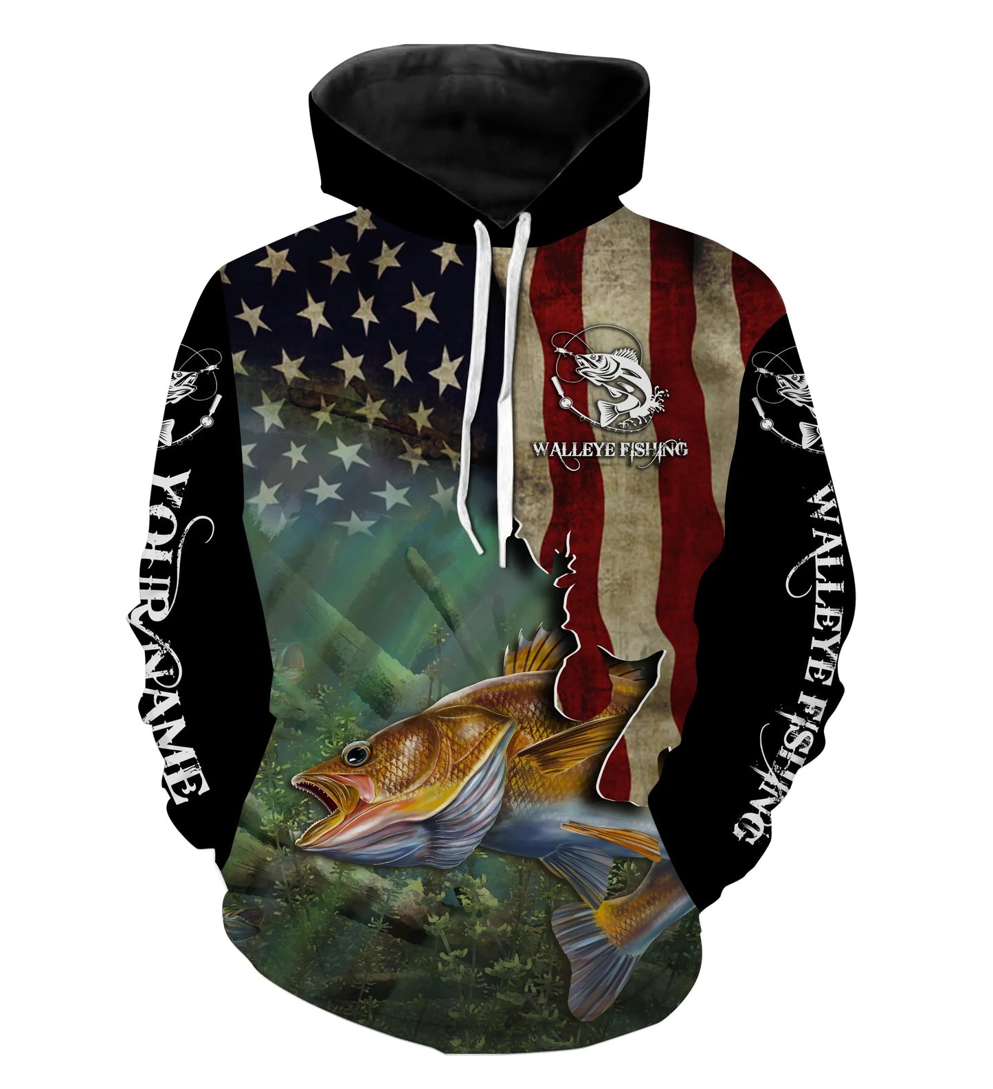 Walleye Fishing 3D American Flag Patriotic Customize name All over print shirts NQS467 Hoodie