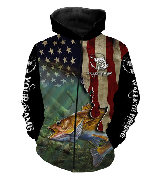 Walleye Fishing 3D American Flag Patriotic Customize name All over print shirts NQS467 Zip up hoodie