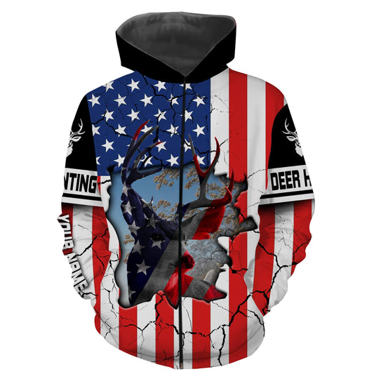 Deer Hunting Us Big Game Hunting Camo American Flag Patriotic Custom Name 3D All Over Print Shirts Nqs732 Zip Up Hoodie Zip Up Hoodie