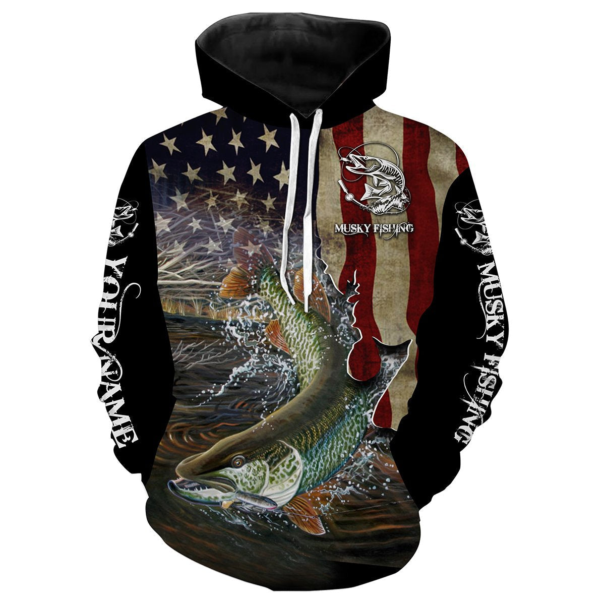 Musky Fishing 3D American Flag Patriotic Customize name All over print shirts - personalized fishing gift for Adult and Kid - NQS481 Hoodie