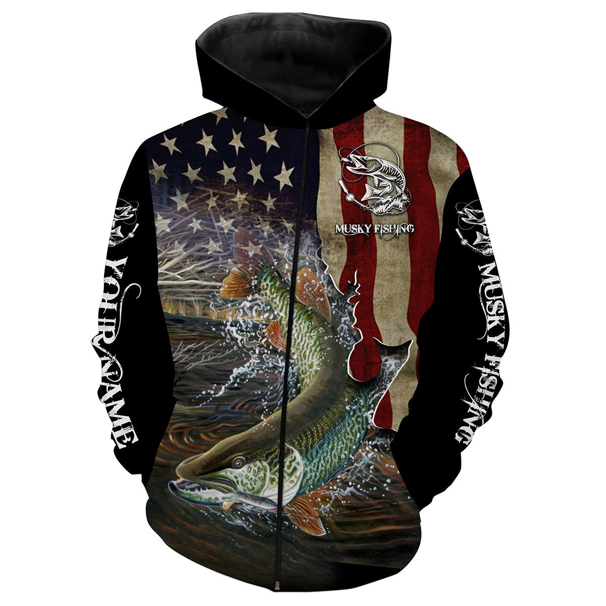 Musky Fishing 3D American Flag Patriotic Customize name All over print shirts - personalized fishing gift for Adult and Kid - NQS481 Zip up hoodie