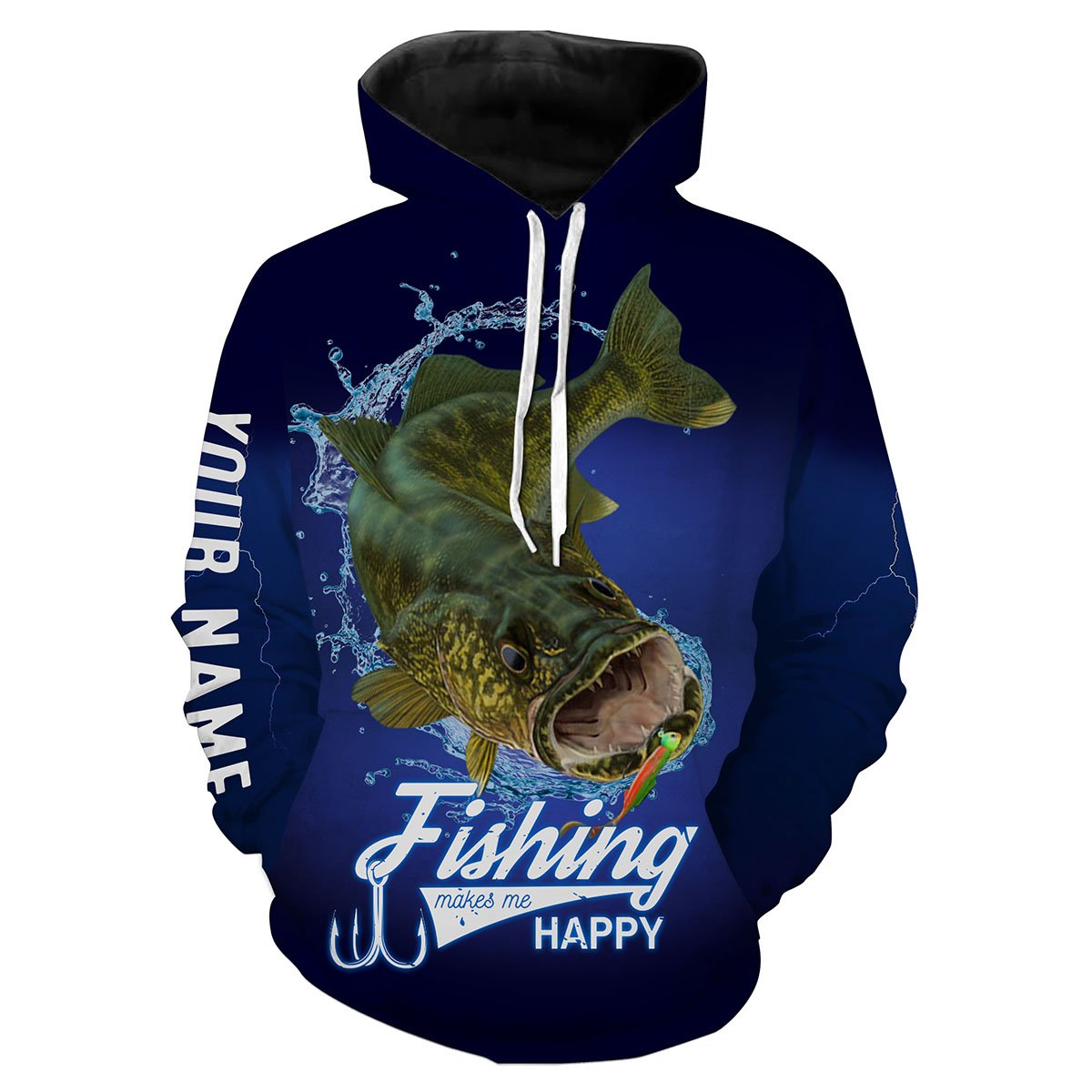 Fishing Makes Me Happy Walleye Fishing 3D All Over printed Customized Name Shirts For Adult And Kid NQS300 Hoodie