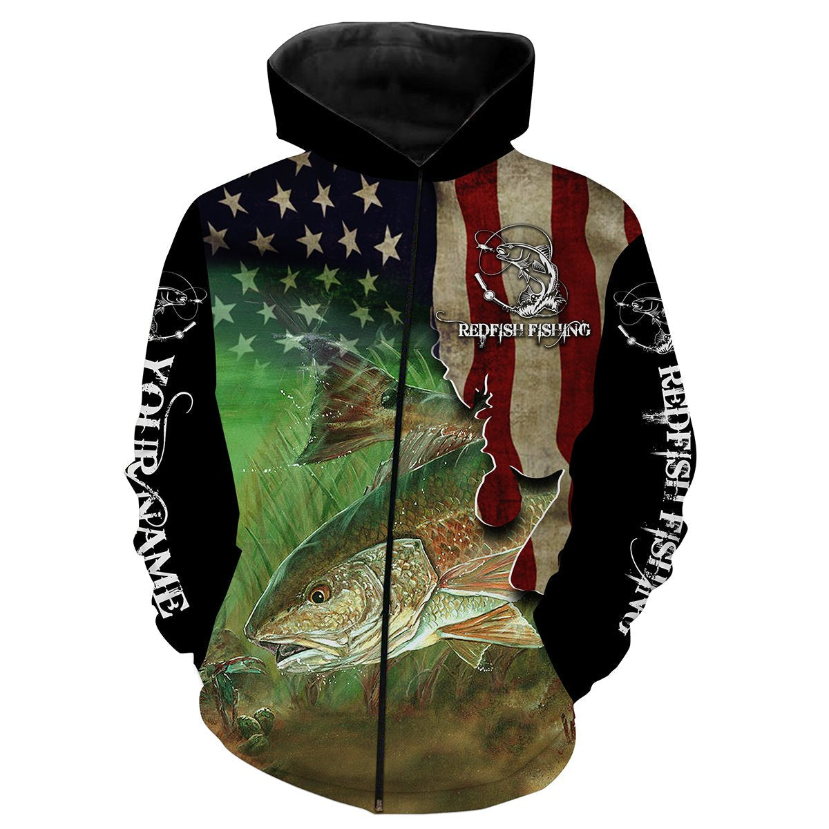 Red drum fishing 3D American Flag Patriotic Customize name All over print shirts NQS501 Zip up hoodie