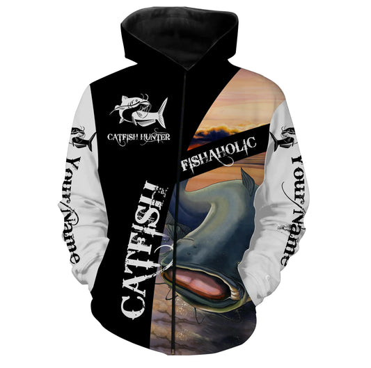 Catfish Fishing Fishaholic Customize Name All Over Printed Shirts Personalized Fishing Gift For Adult And Kid NQS383 Zip up hoodie