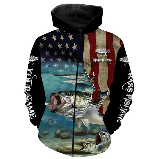 Striped Bass Striper Fishing 3D American Flag Patriotic Customize name All over print shirts NQS512 Zip up hoodie