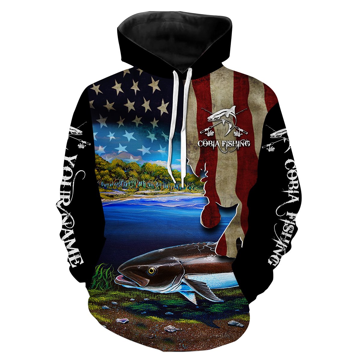 Cobia Fishing 3D American Flag Patriotic Customize Name All Over Print Fishing Shirts Nqs518 Hoodie Hoodie