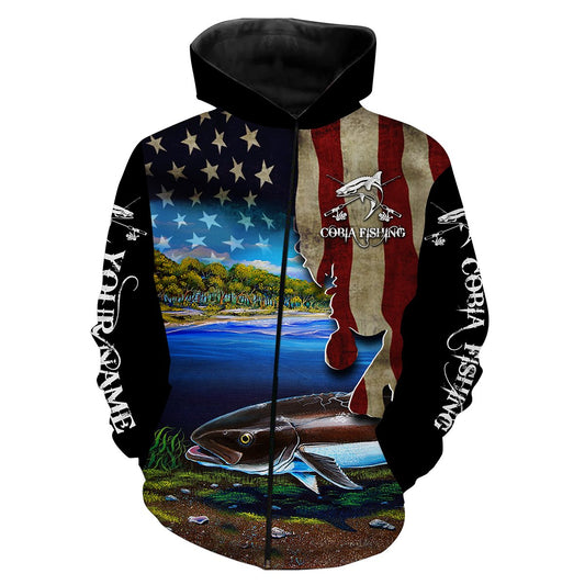 Cobia Fishing 3D American Flag Patriotic Customize Name All Over Print Fishing Shirts Nqs518 Zip Up Hoodie Zip Up Hoodie