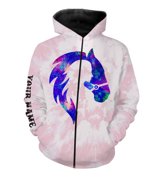 Girl Riding Horse Pink Tie Dye Purple Custom Name 3D All Over Printed Shirts Personalized Horse Shirt Nqs3119 Zip Up Hoodie Zip Up Hoodie