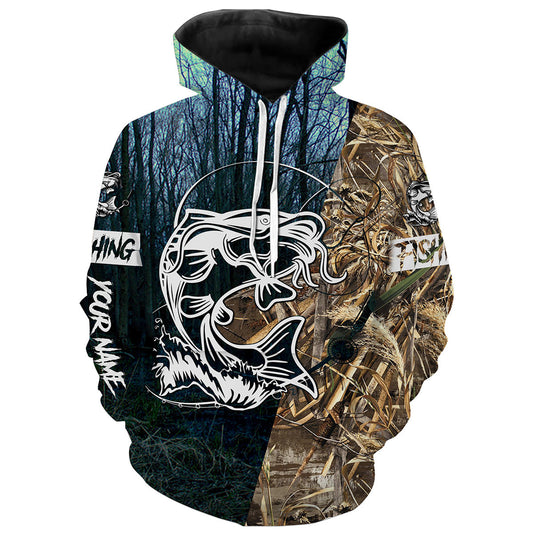 Catfish Fishing Camo Customize Name 3D All Over Pinted Shirts Personalized Fishing Gift For Men Hoodie