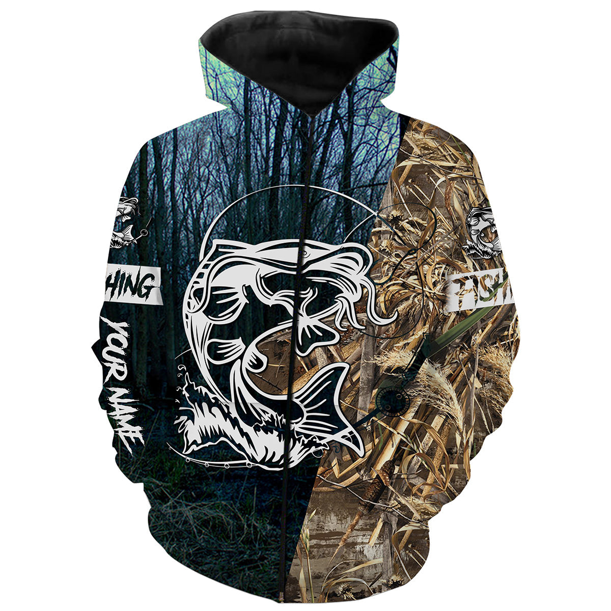 Catfish Fishing Camo Customize Name 3D All Over Pinted Shirts Personalized Fishing Gift For Men Zip up hoodie