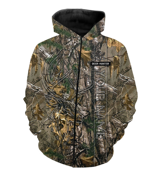 Deer Hunting tree camo Customize Name 3D All Over Printed Shirts Personalized Hunting gift For Adult And Kid NQS2436 Zip up hoodie