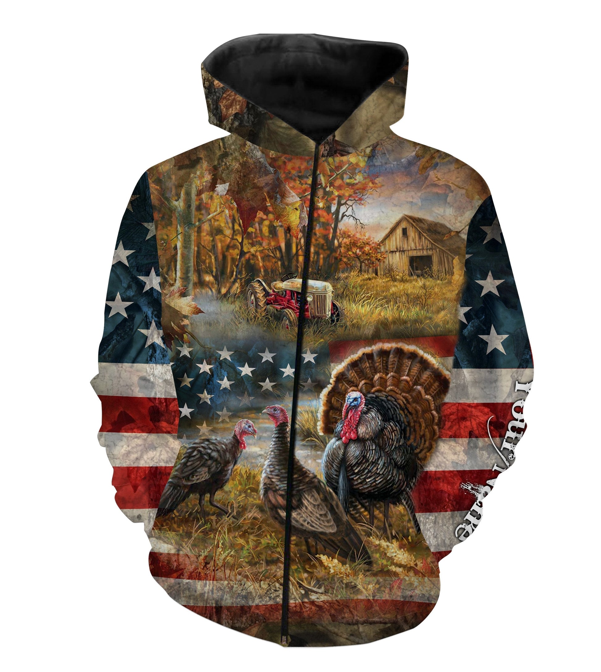 Beautiful Wild Turkey Hunting Camo American Flag Patriotic Custom Name 3D All Over Print Camo Hoodie Zip Up Hoodie Zip Up Hoodie