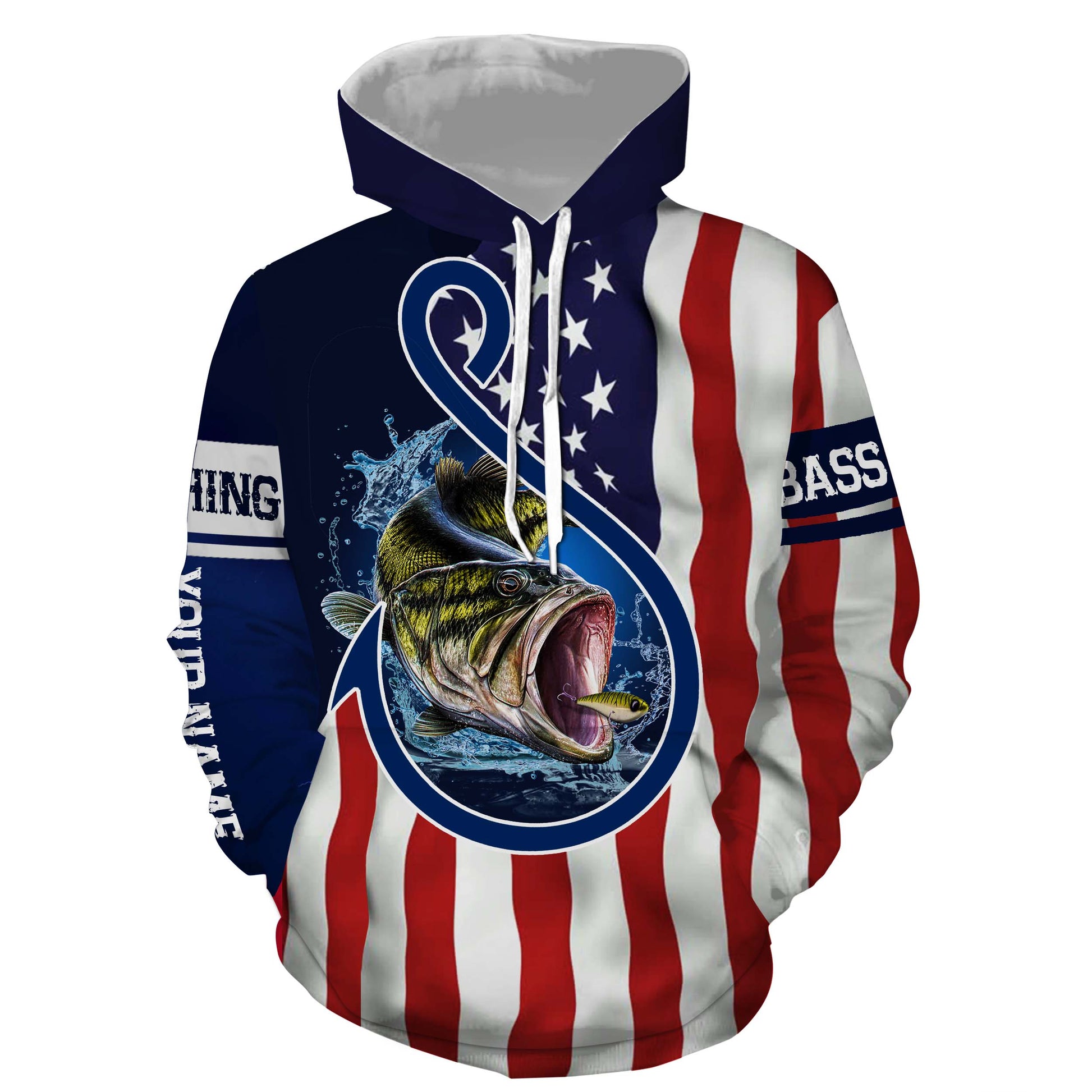 Largemouth Bass Fishing American Flag Patriotic Customize Name Fishing Shirts NQS469 Hoodie