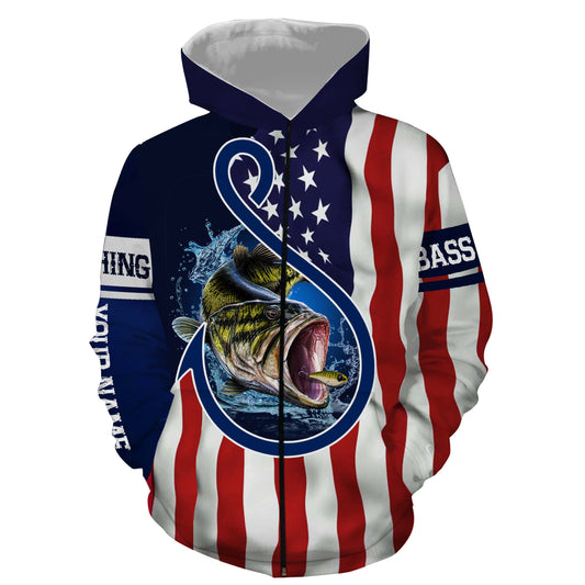 Largemouth Bass Fishing American Flag Patriotic Customize Name Fishing Shirts NQS469 Zip up hoodie